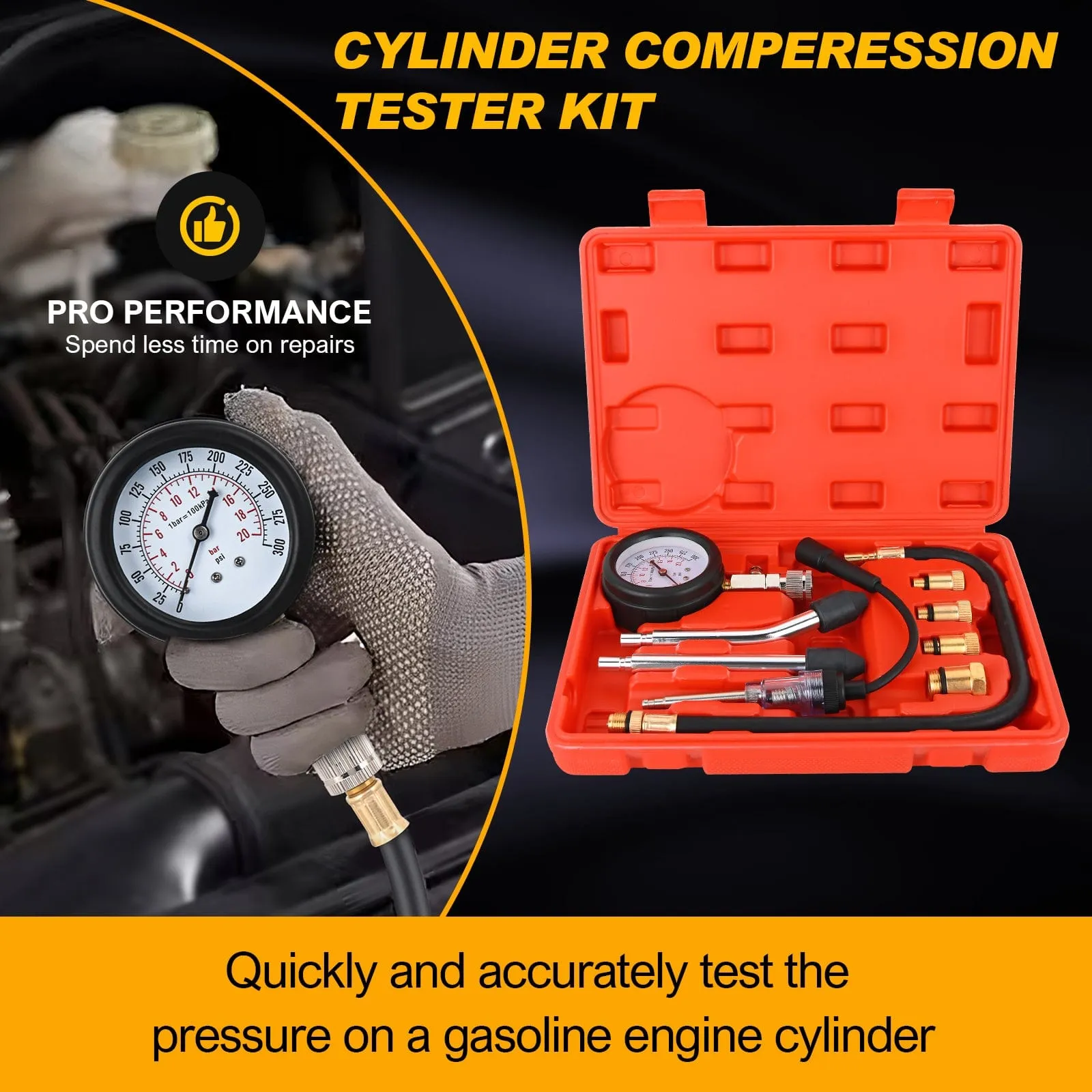 9PCS Petrol Gas Engine Cylinder Compression Tester Kit