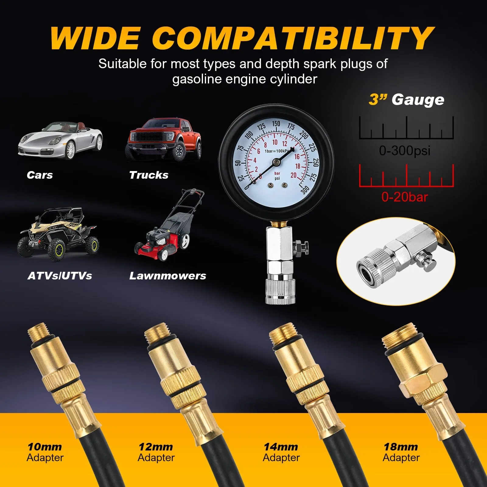 9PCS Petrol Gas Engine Cylinder Compression Tester Kit