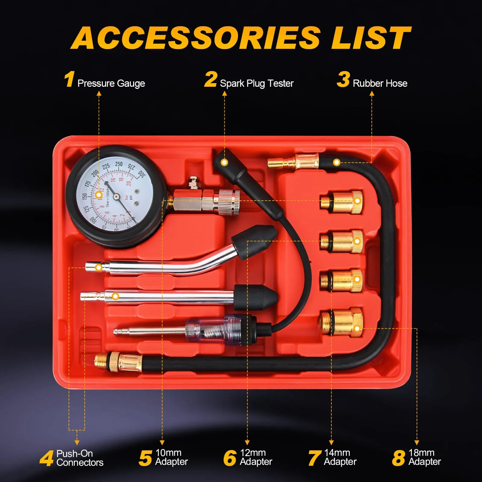 9PCS Petrol Gas Engine Cylinder Compression Tester Kit