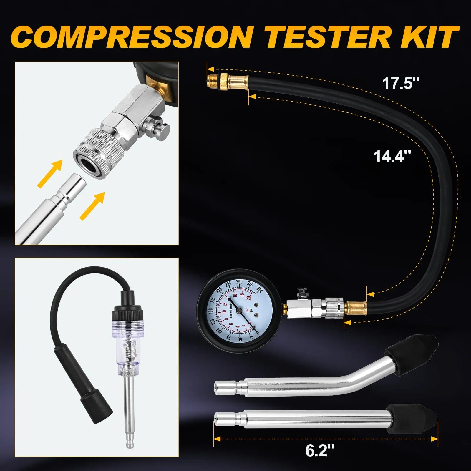 9PCS Petrol Gas Engine Cylinder Compression Tester Kit