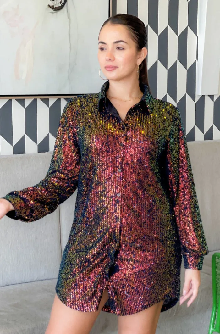 Sequins Button Up Shirt Dress