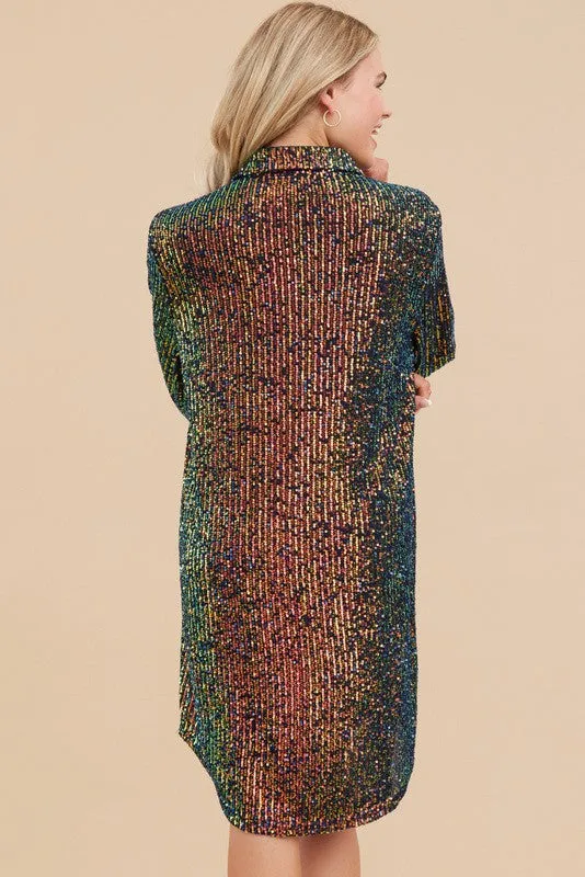 Sequins Button Up Shirt Dress