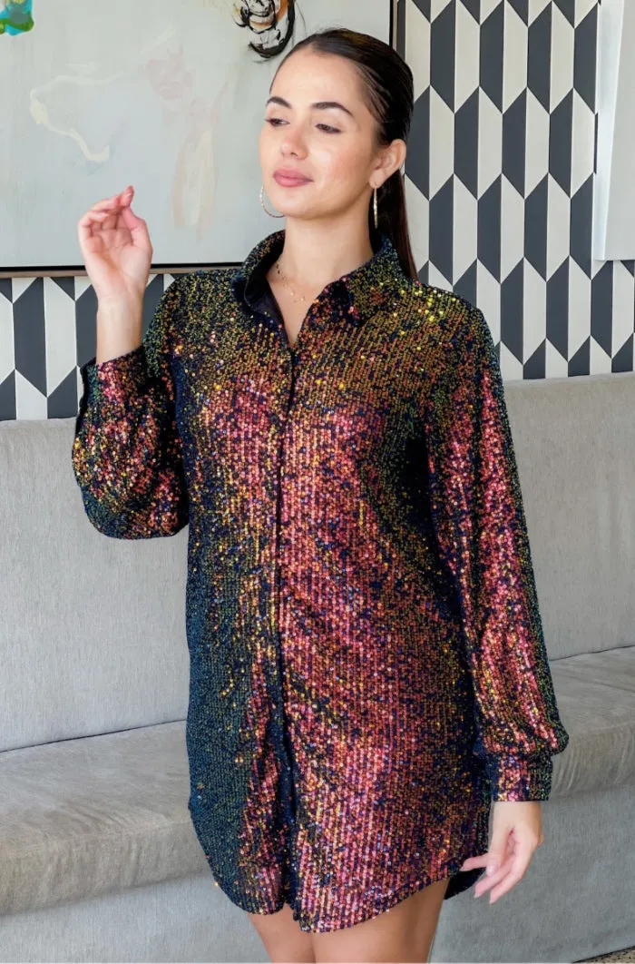 Sequins Button Up Shirt Dress