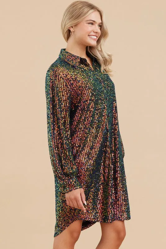 Sequins Button Up Shirt Dress
